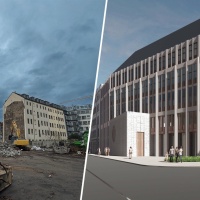Links: Baustelle in der Schweriner Straße 27/29 im Nov. 2021 (Quelle: Bistum Dresden-Meißen). Rechts: Die Fertigstellung des kirchlichen Hauses ist bislang für Ende 2024 / Anfang 2025 geplant. (Quelle: O+M Architekten)